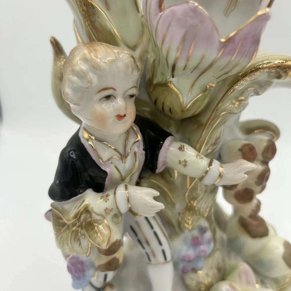 2 Pc Lenwile Ardalt Colonial French Boy & Girl Fruit Flower Double Vase Figurine